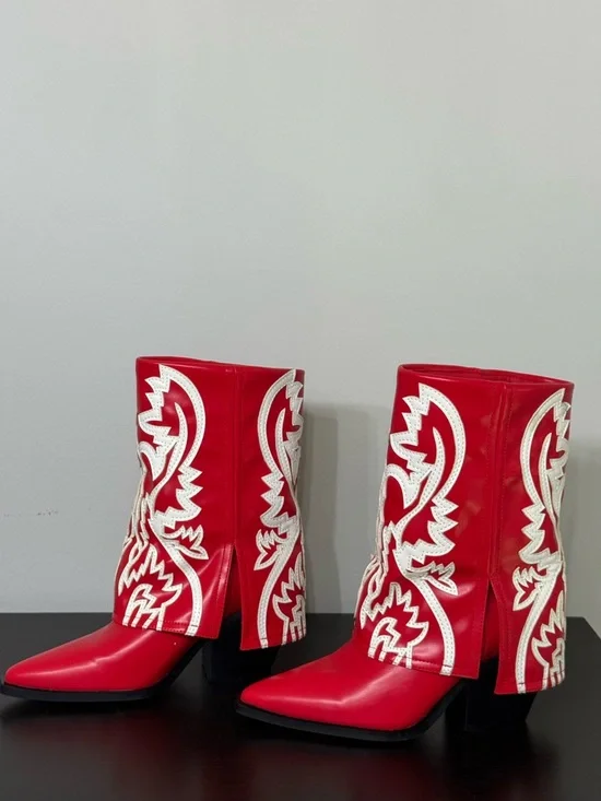 Red Western-Inspired Embroidered Women's Boots - Picture 2 of 3
